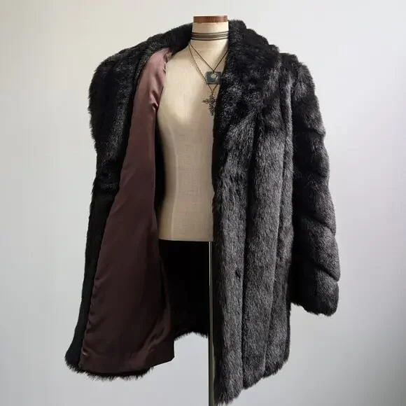 Vintage Black Faux Fur Coat Fur Trim Jacket Mob Wife Minimalist Goth Chic Medium - Picture 4 of 12